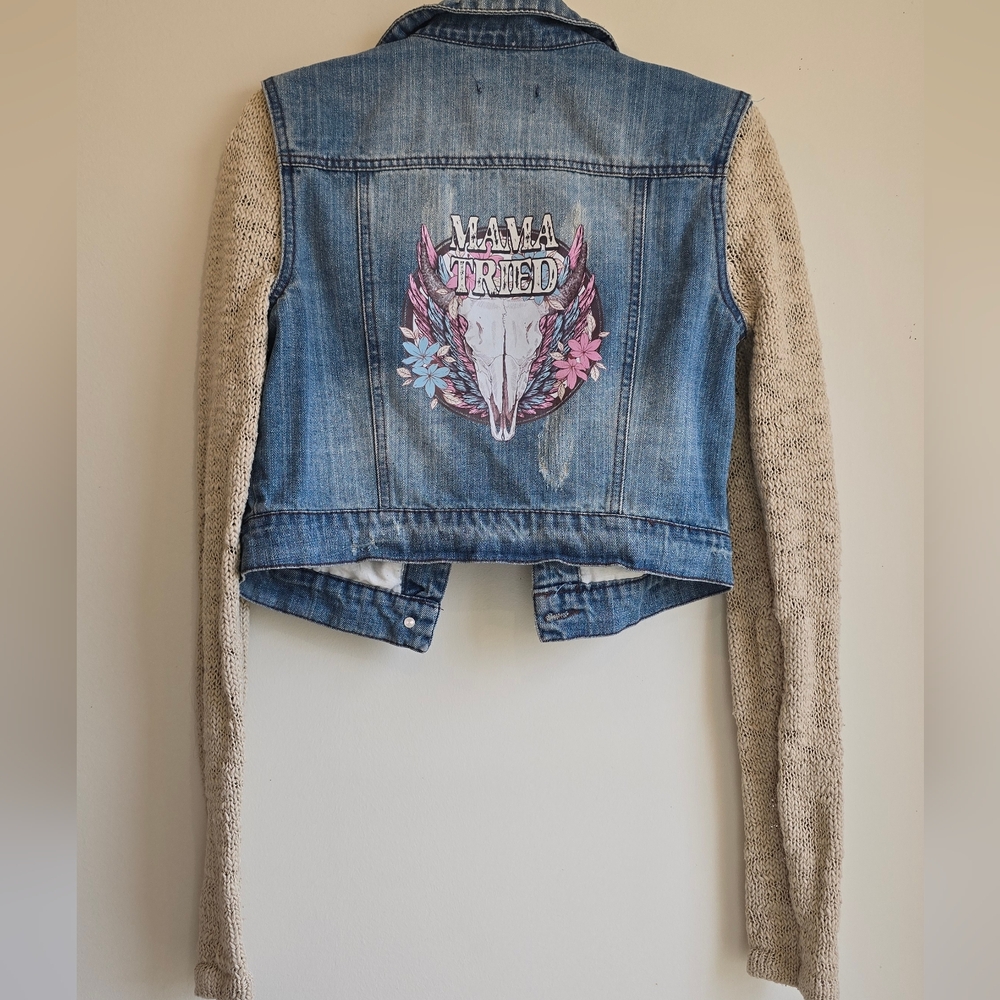 CUSTOM Upcycled Ci Sono Denim Jacket with Cream Knit Sleeves Size M